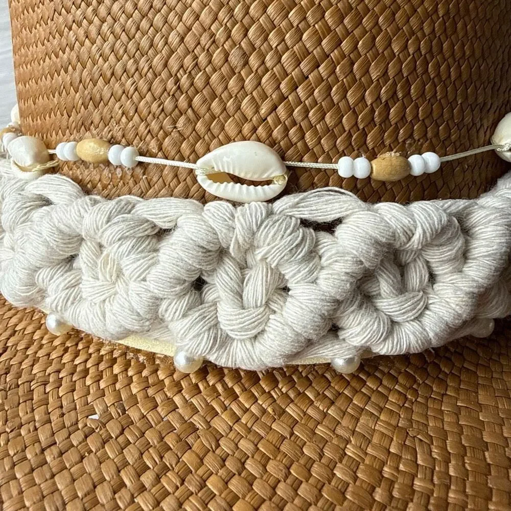 New Colombian Embellished Straw Flat Hat Size Large Boho